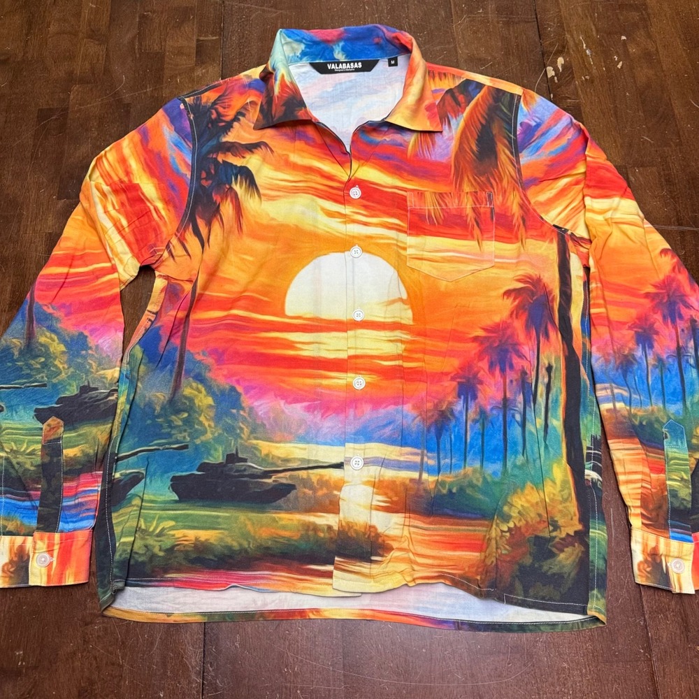 Valabasas Casa Button Down Shirt Mens M Orange Sunset Landscape Graphic Rayon